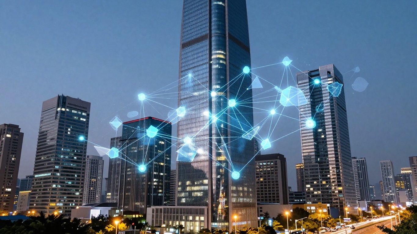 Futuristic cityscape with AI data connections