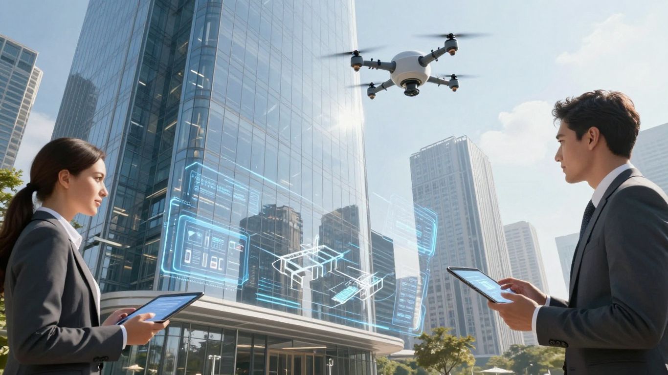 Futuristic office, drones, investors with tablets, digital real estate.