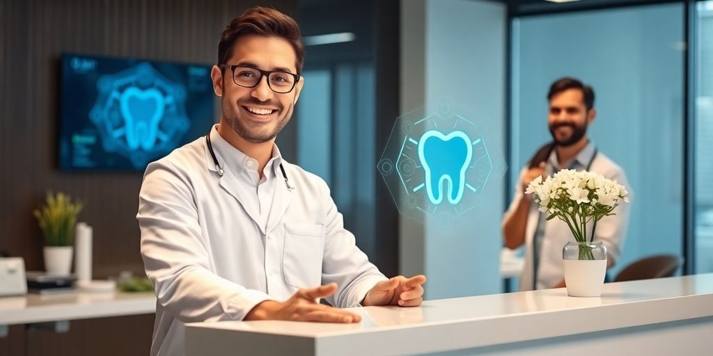 Dentist using AI interface at clinic.
