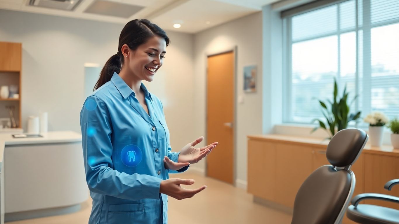 AI receptionist assisting a patient in a dental office.