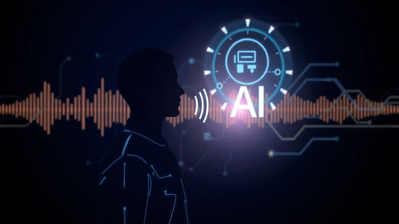 AI voicebot platform interface with sound waves and silhouette.