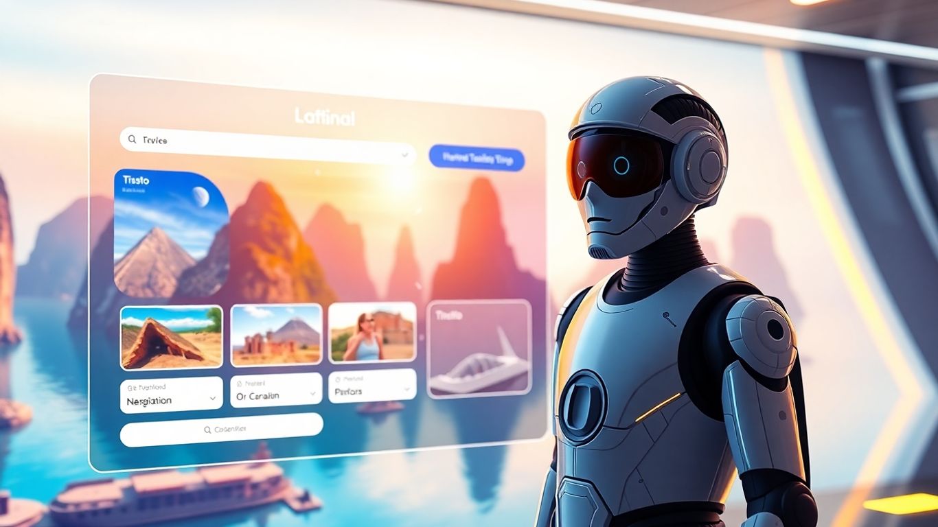AI chatbot assisting with travel booking on a futuristic interface.