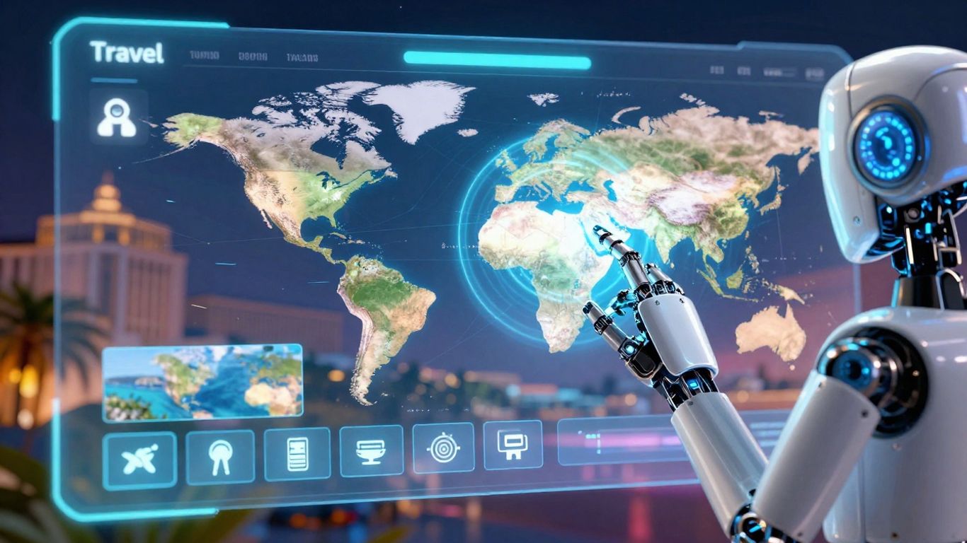 AI travel booking interface with robot hand and map