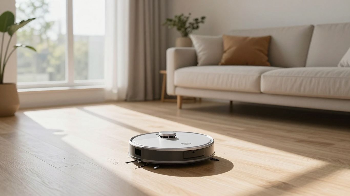 AI-powered robot vacuum cleaning a modern, spotless home.