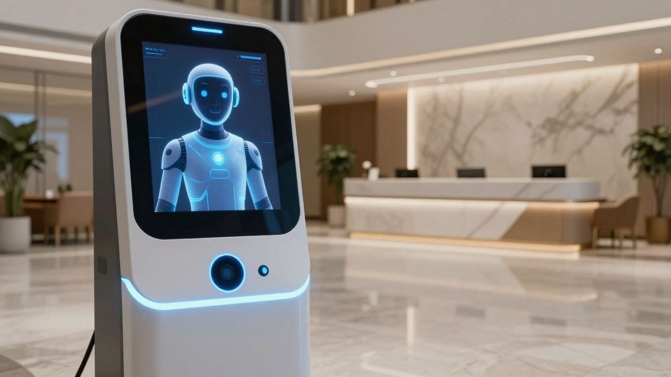 Hotel lobby with AI voice bot and digital assistant.