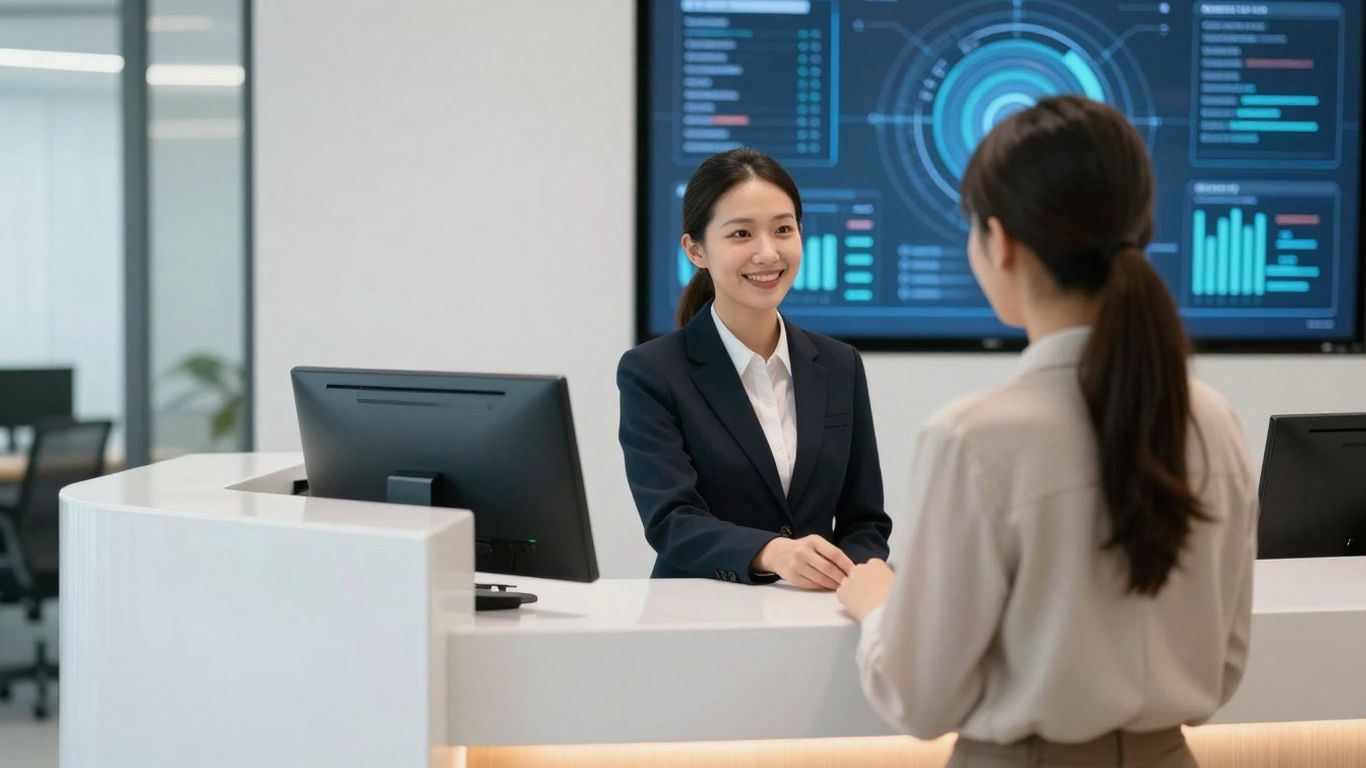 Automated front desk system in a modern office.
