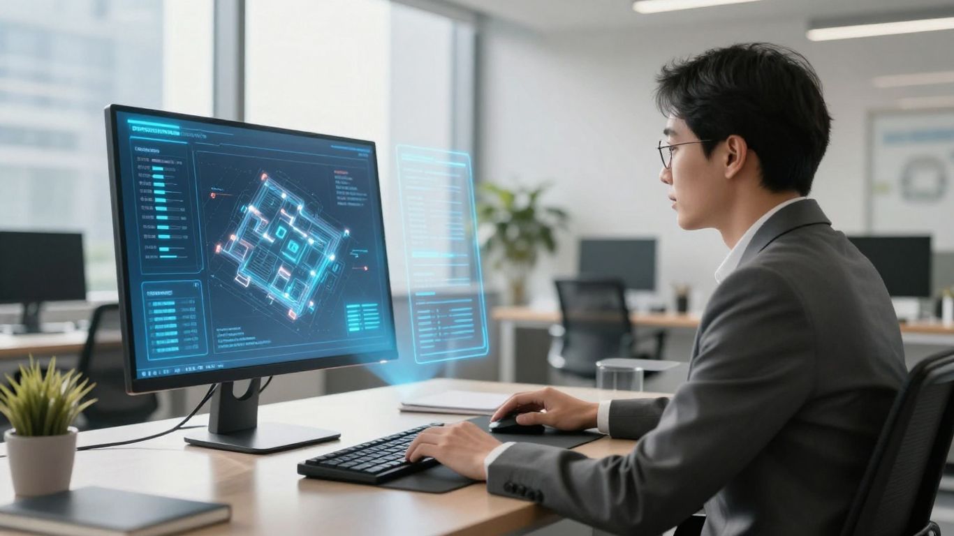 Property manager using AI virtual assistant in office.