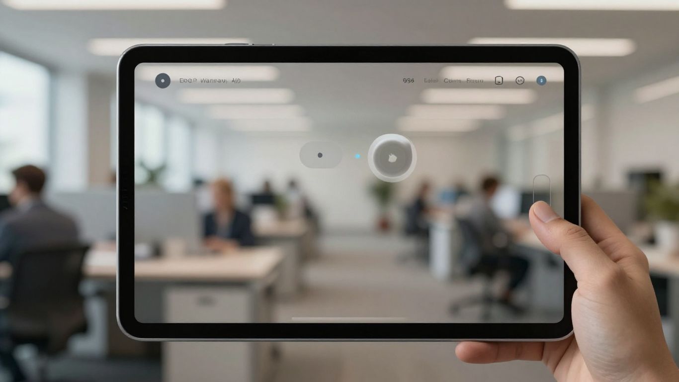 AI chatbot interface on a tablet screen in an office.
