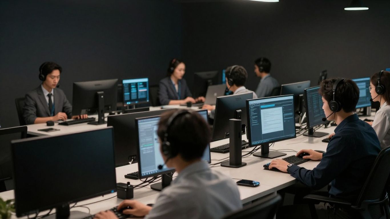 Call center agents working with advanced technology.