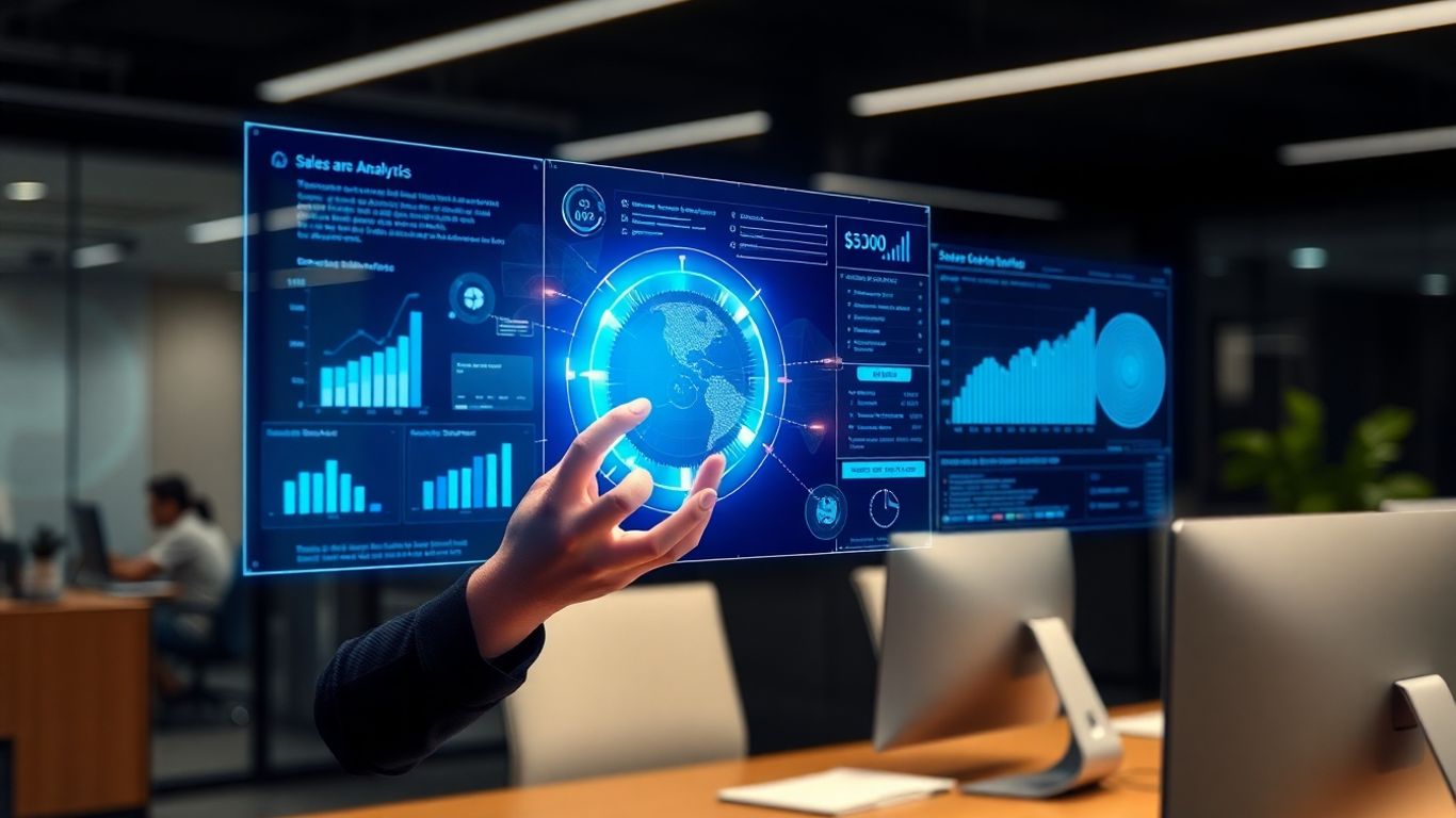 Person using AI sales technology with holographic interface.