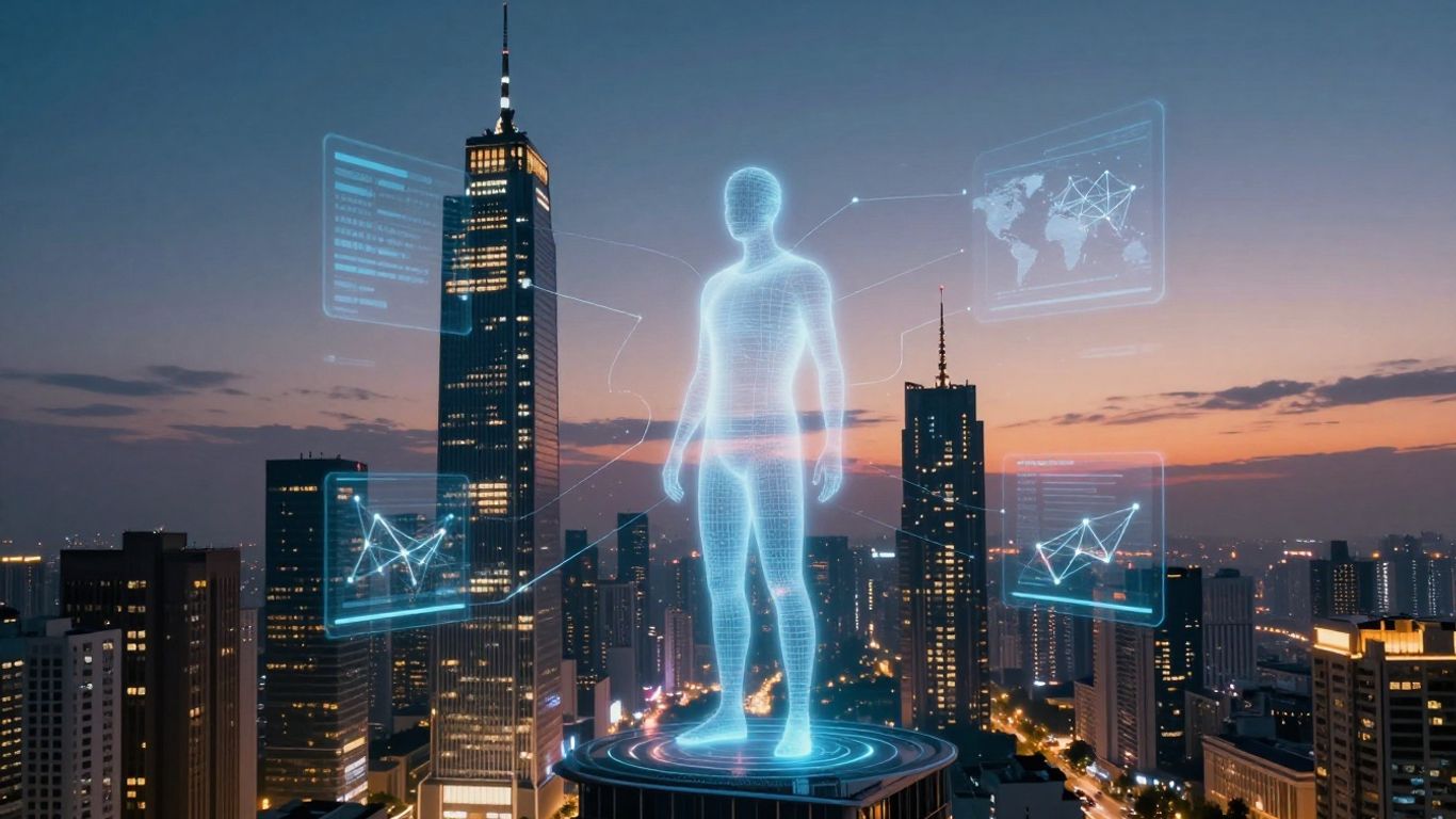 Futuristic cityscape with AI interface and network streams.