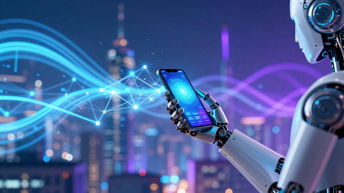 AI robot arm holding a phone with digital connections.