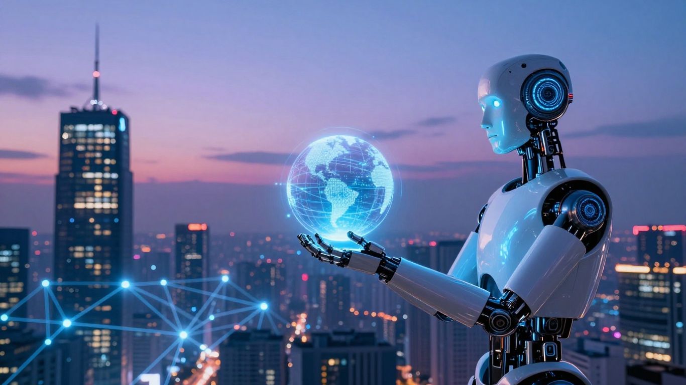 Futuristic cityscape with AI connections and robot arm.