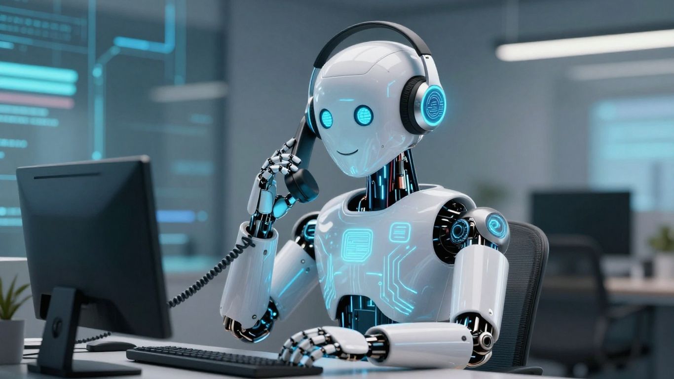 AI robot making a cold call with headset.