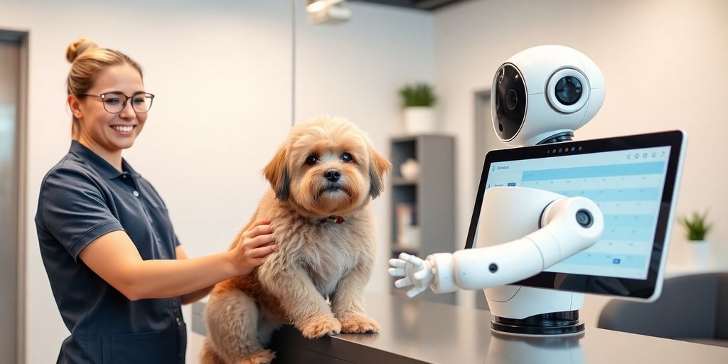 Smiling groomer with happy dog and AI interface.