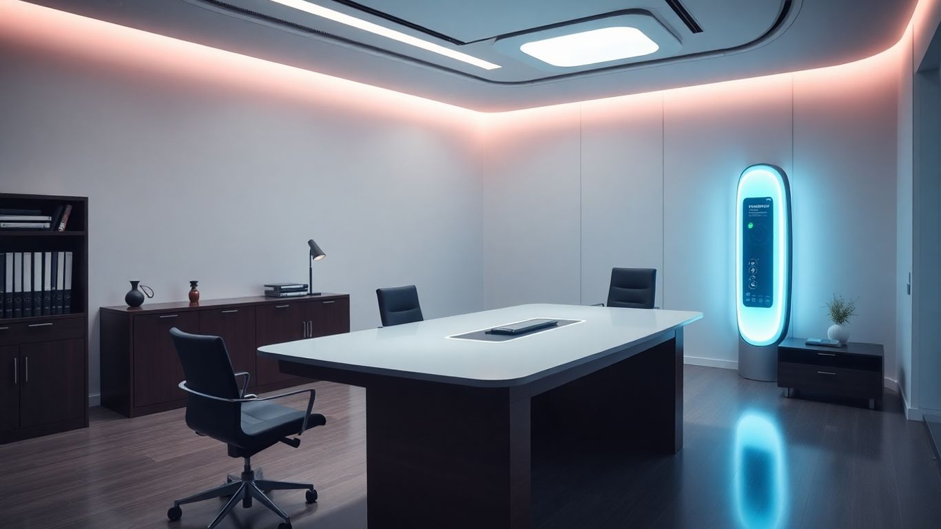 Lawyer using advanced AI technology in office.