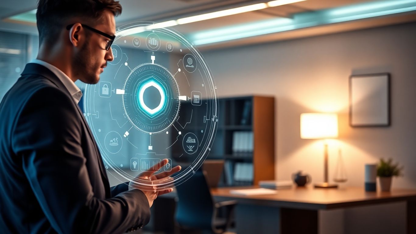 AI legal assistant interface in a law office.