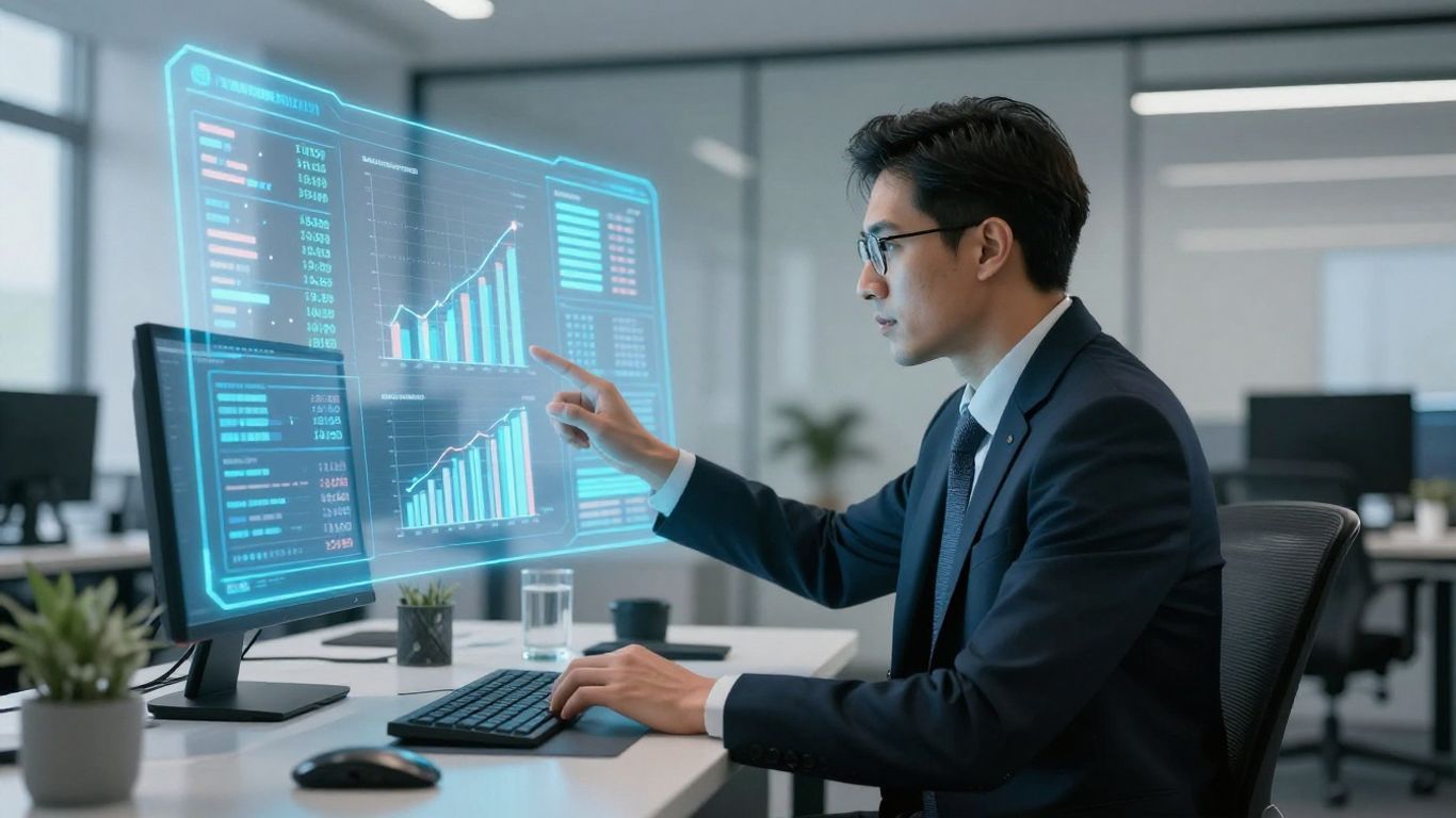 Financial advisor using AI tools for data analysis.