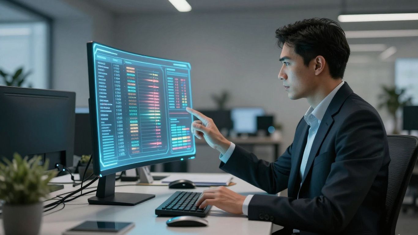 Financial advisor using AI tools in a modern office.