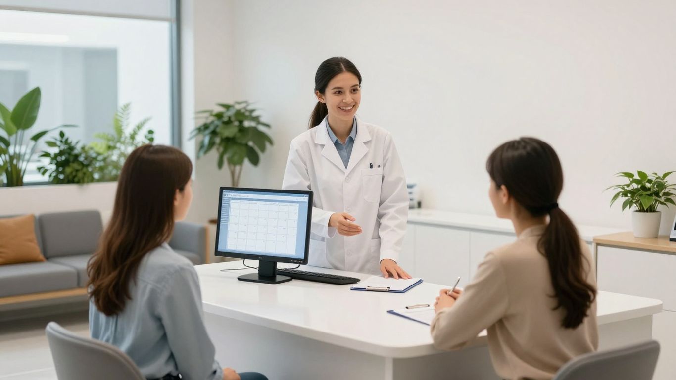 Dentist and patient discussing appointments on a computer.