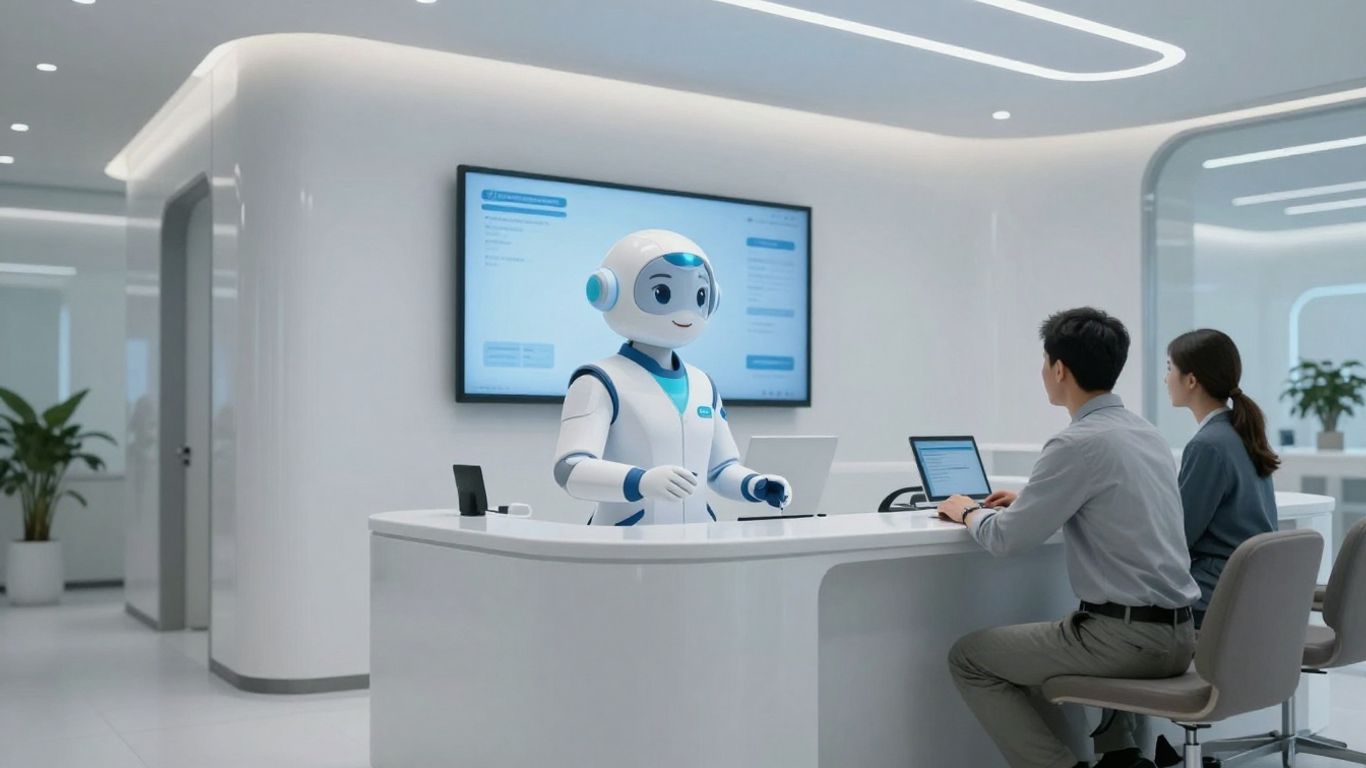 AI receptionist assisting patient in modern healthcare setting.