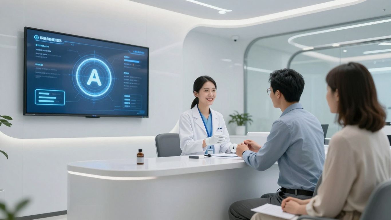 AI receptionist assisting a patient in a medical office.