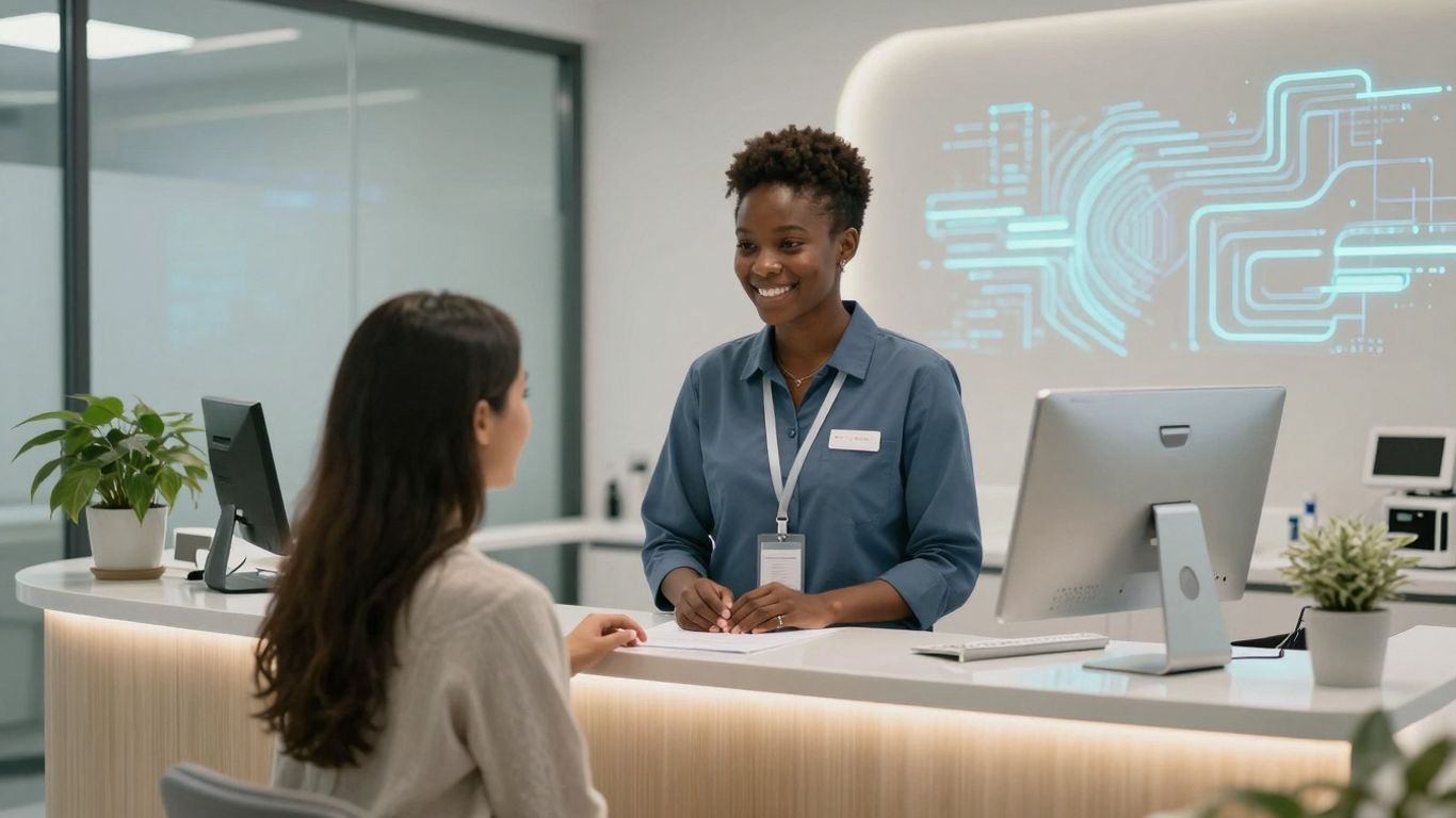 AI receptionist assisting patient in dental office.