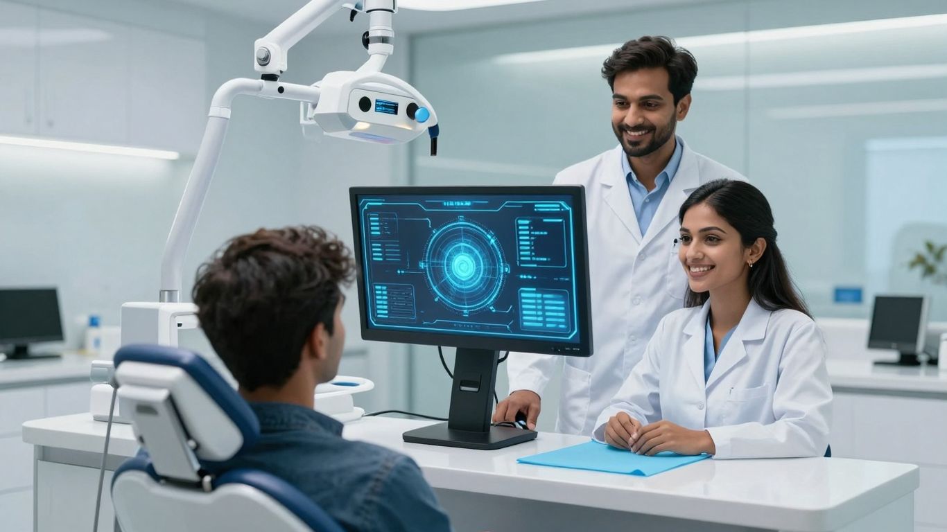 AI receptionist assisting dentist and patient in modern office.