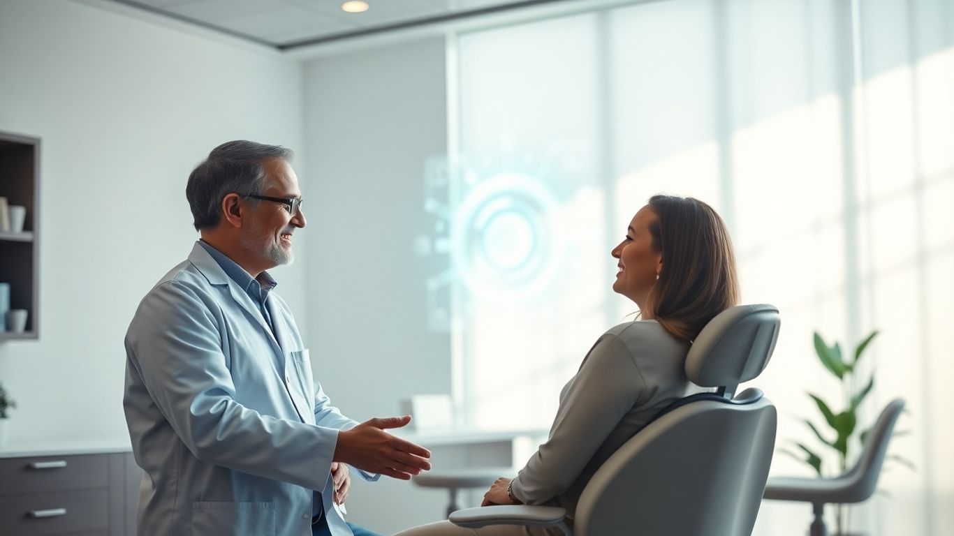 Dentist and patient in a bright, modern dental office.