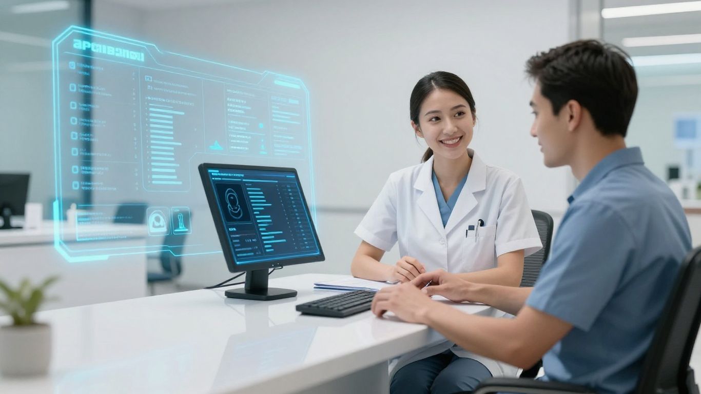 Medical receptionist using AI technology in a modern office.