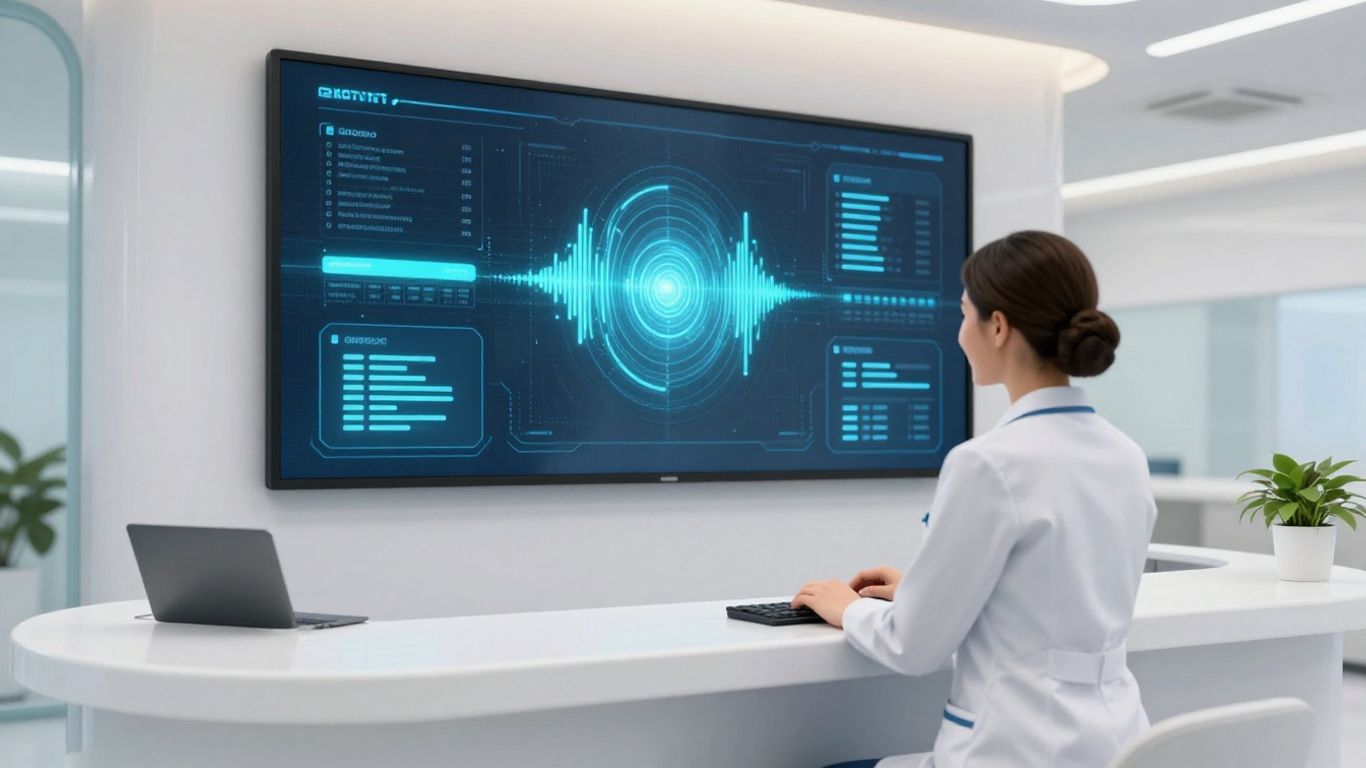 Medical receptionist using advanced AI interface in a modern clinic.
