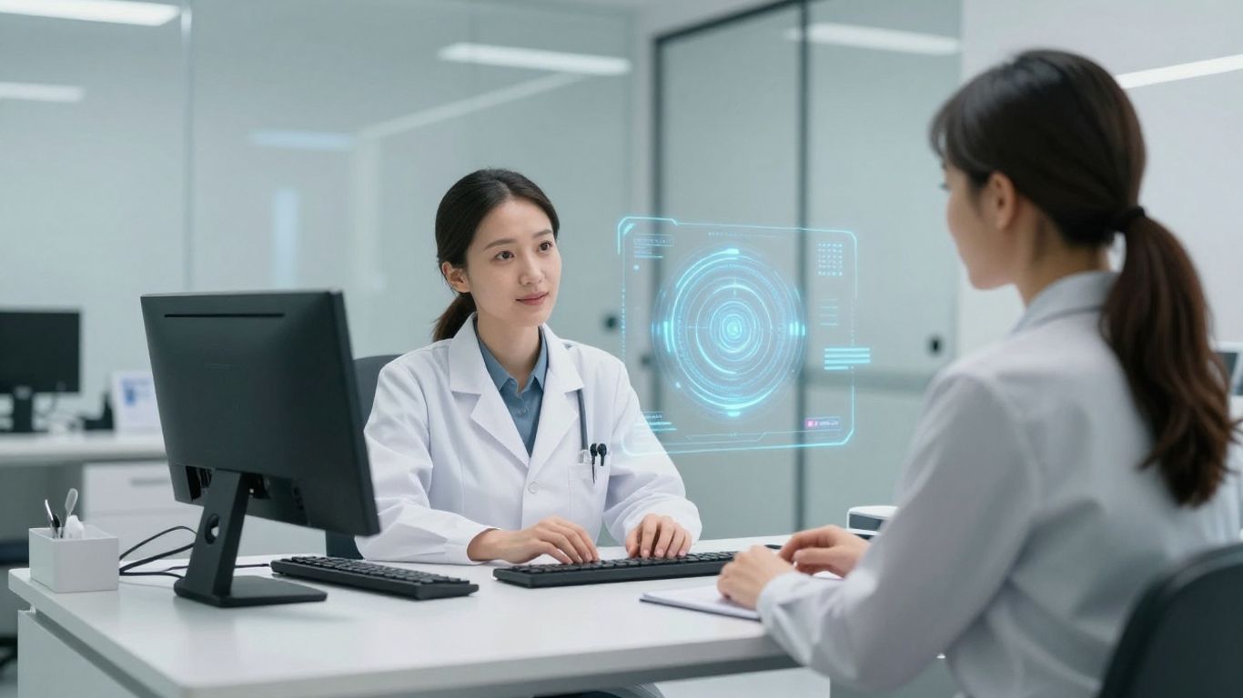 Doctor and patient with integrated AI technology in a medical office.