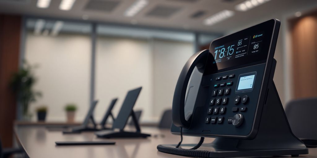 AI phone system interface with abstract calm background.