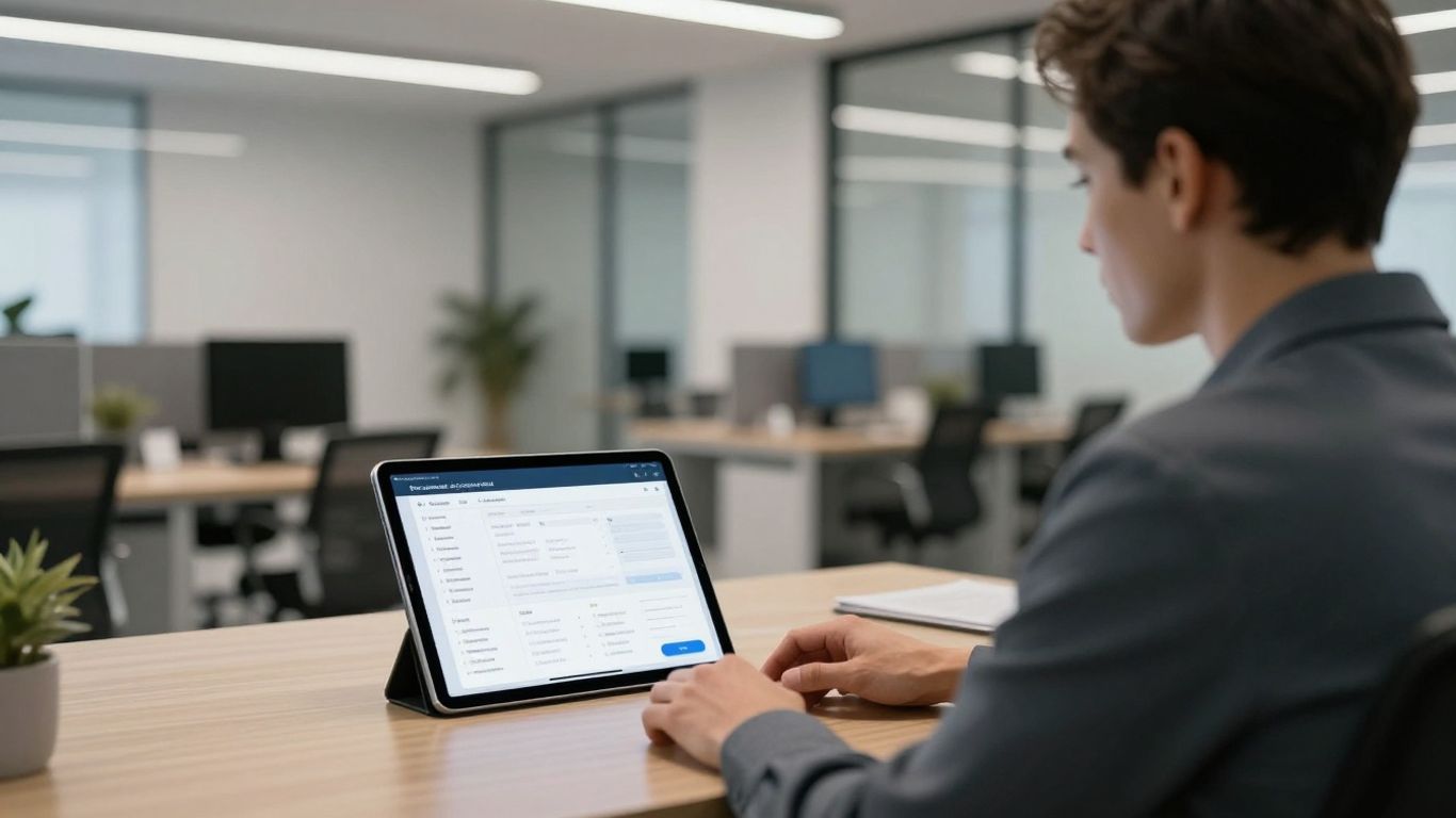 Financial advisor using AI notetaker technology on a tablet.
