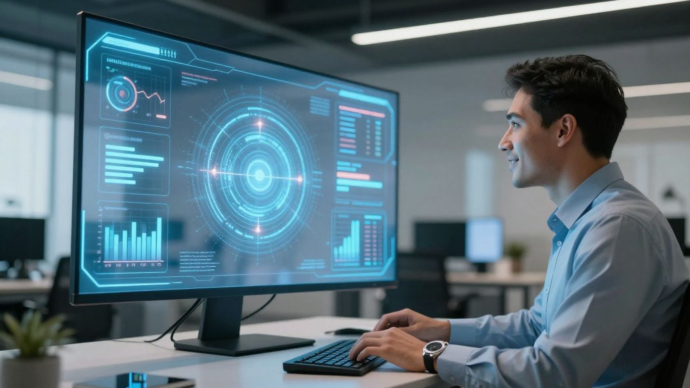 AI assistant helping financial advisor in modern office.