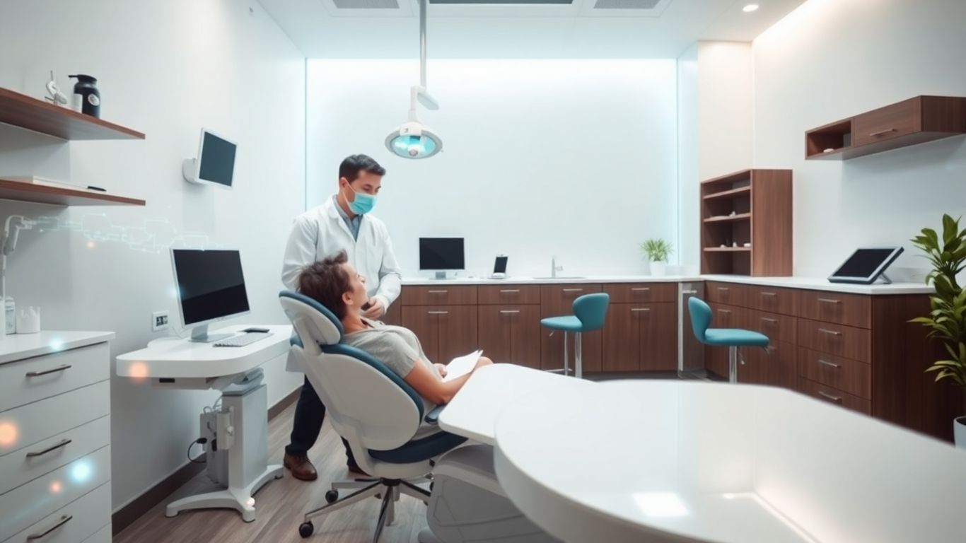 Dentist and patient in modern office with subtle tech visuals.