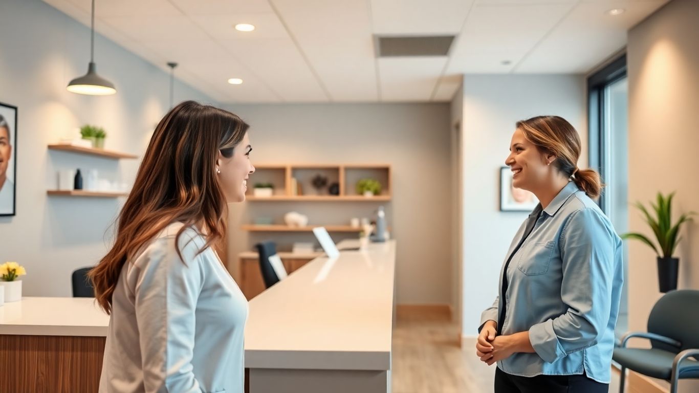 Dental office reception with happy patient and receptionist.