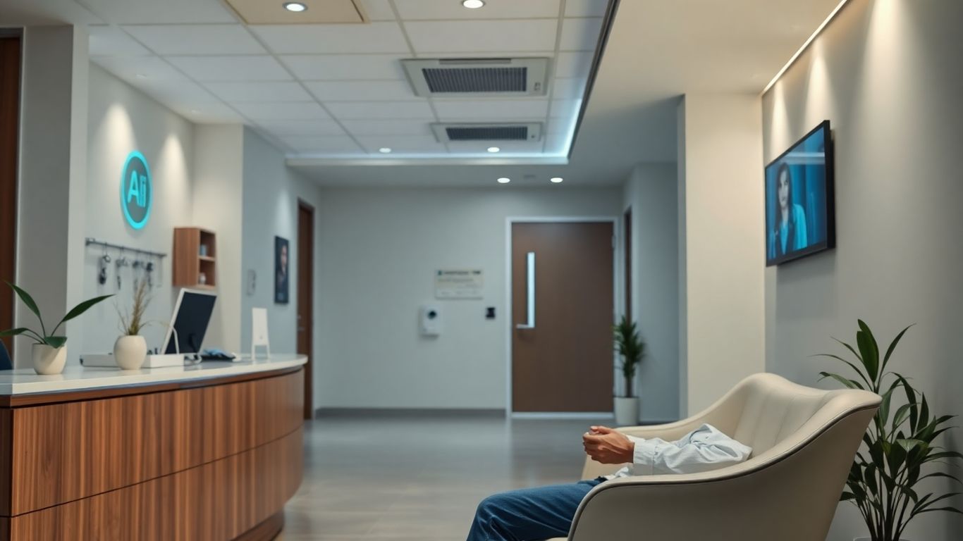 AI receptionist interface in a modern medical office.