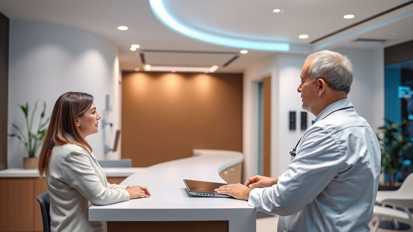 Medical receptionist assisting a patient at a desk.