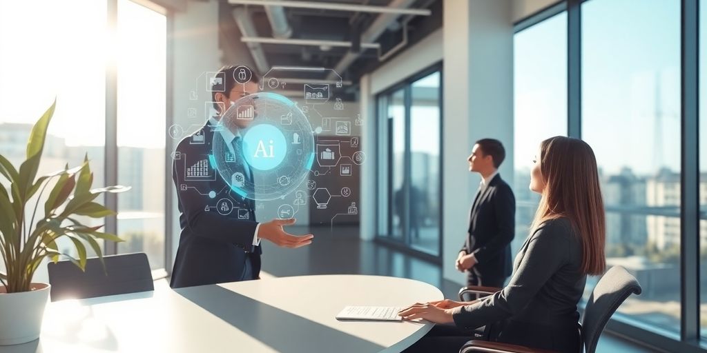 Modern office with AI assistant interacting with clients.