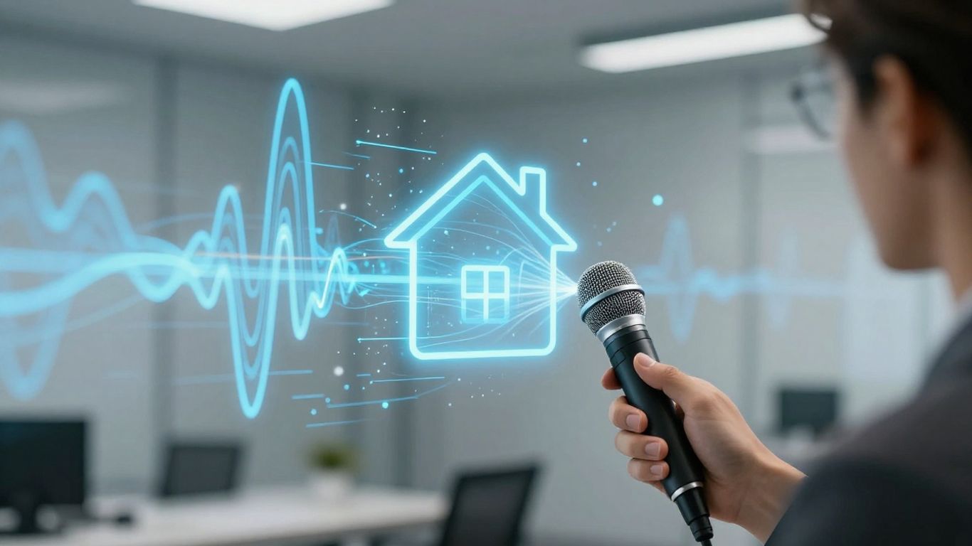 Voice AI transforming sound waves into a house icon.