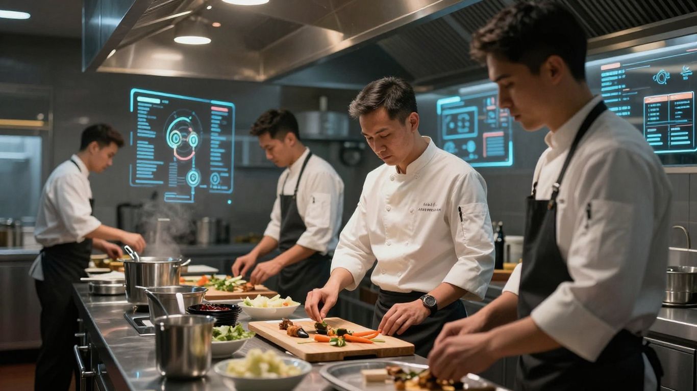 AI scheduling in a modern restaurant kitchen.