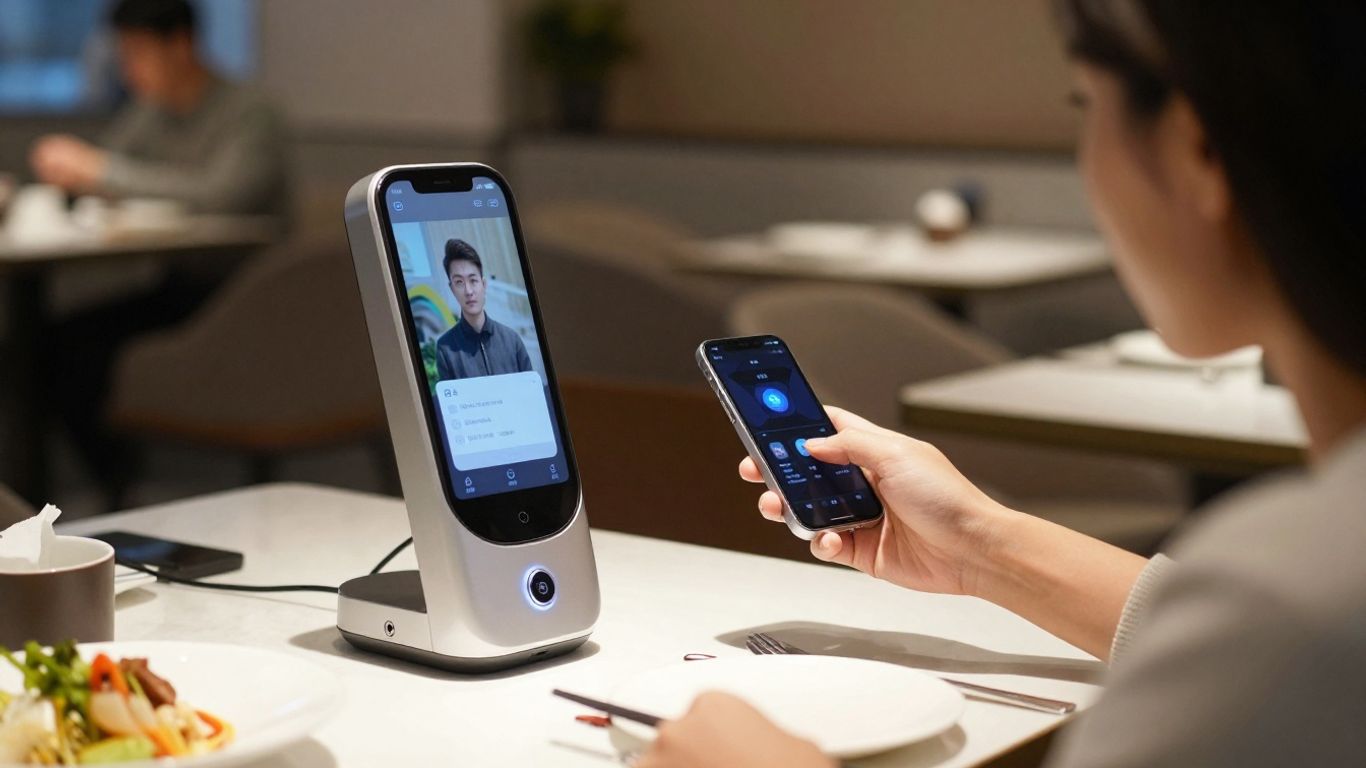 Customer using AI voice ordering in a restaurant.