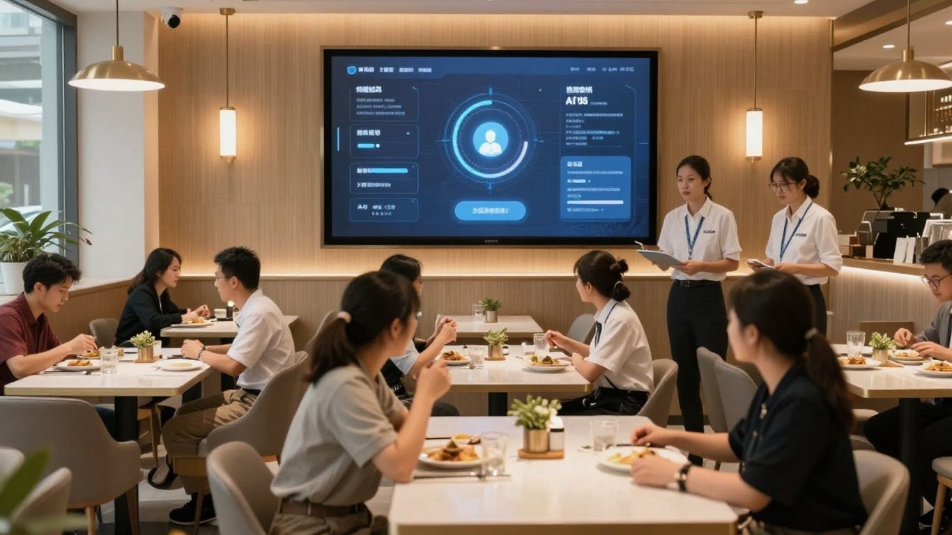 AI assistant in a modern busy restaurant with staff