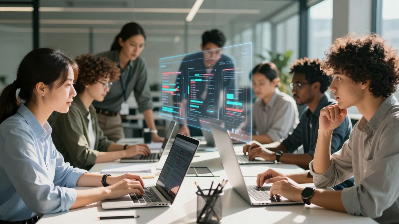 Team collaborating with futuristic AI data visualizations.