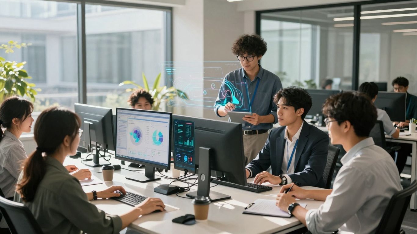 AI transforming sales lead management with futuristic data visualization.
