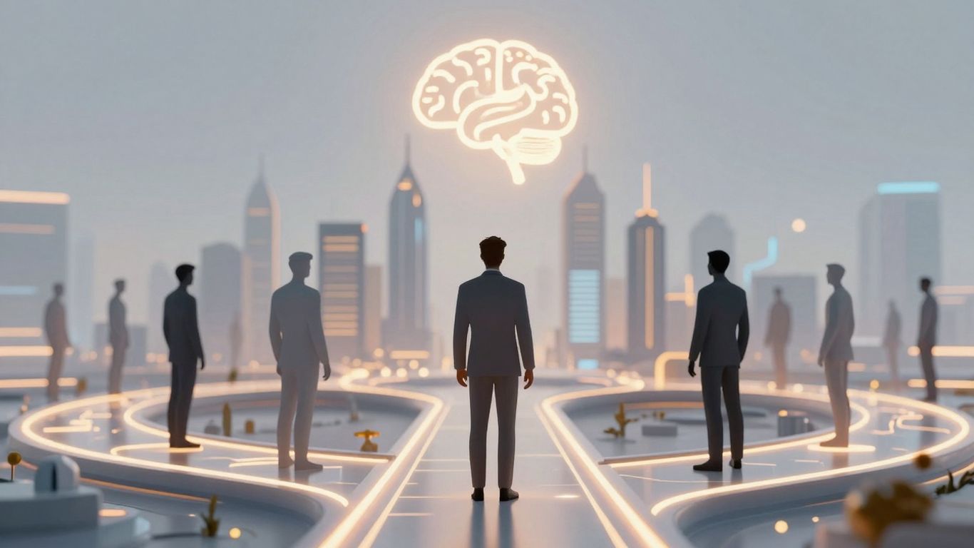 AI connecting sales leads in a futuristic city.