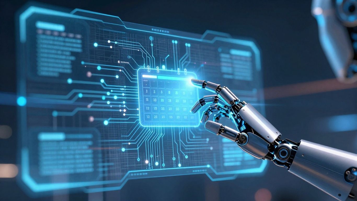 AI appointment setter interface with robotic hand and calendar.