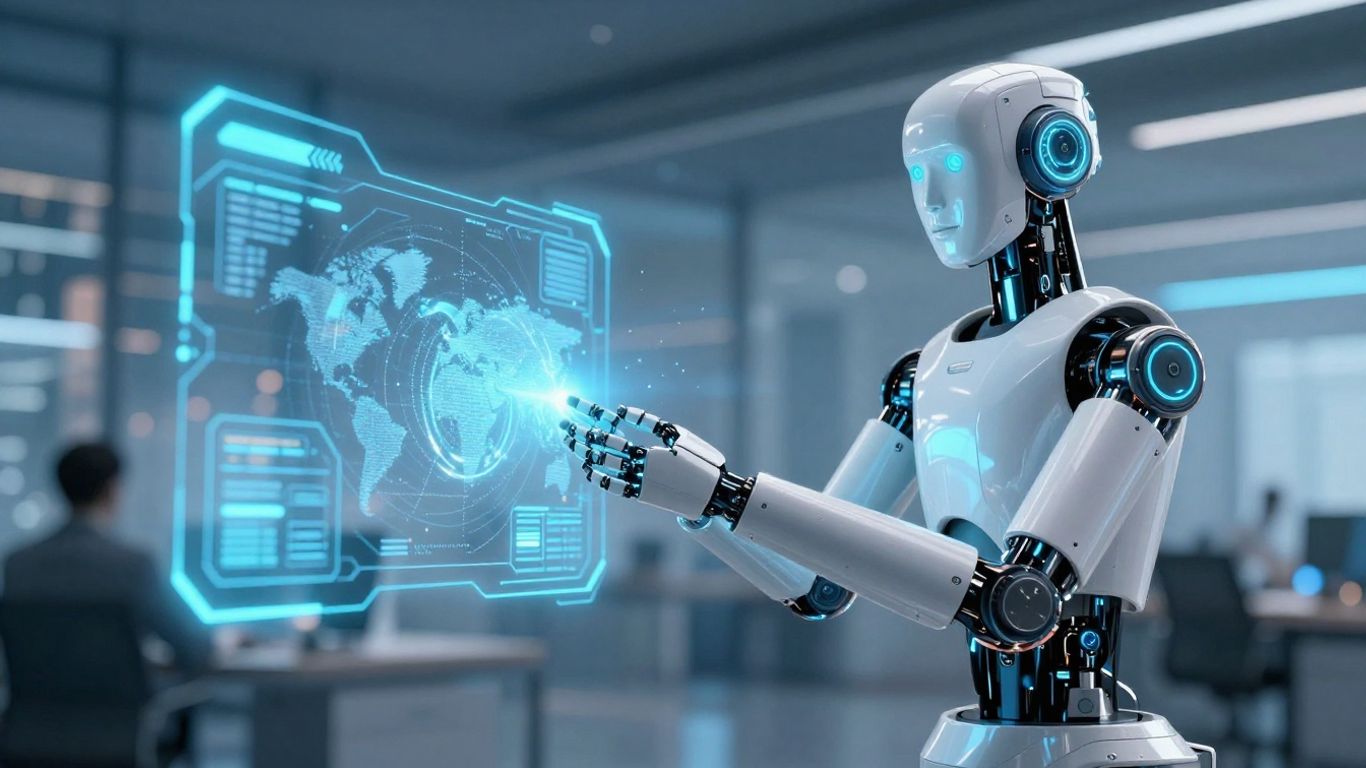 AI robot arm interacting with a digital interface in an office.