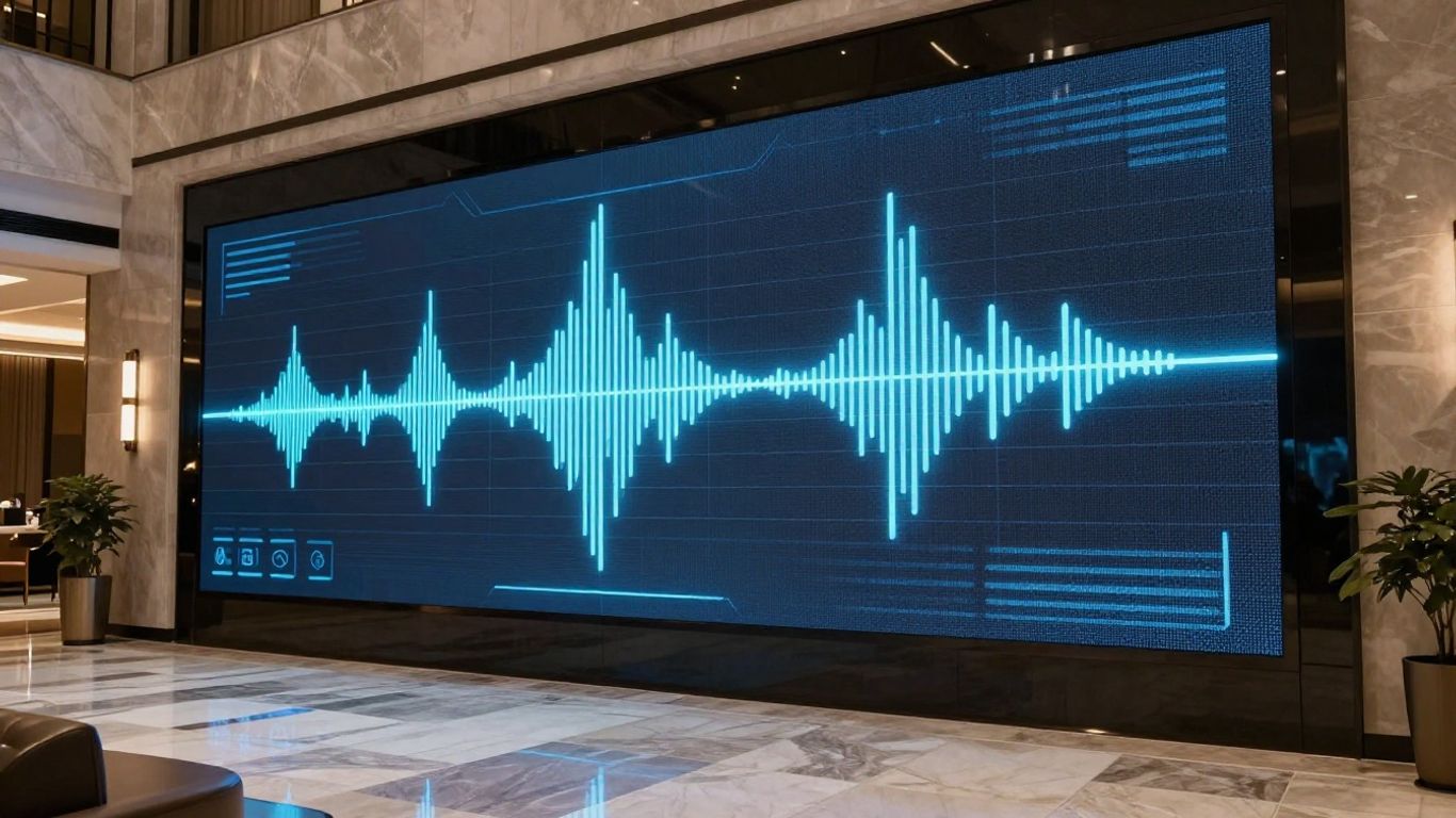 AI voice agent interface in a modern hotel lobby.